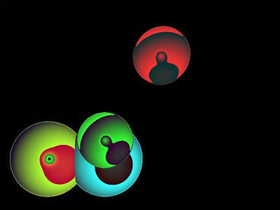 Several colored spheres against a black background, their shading is all squiggly not the correct colors.