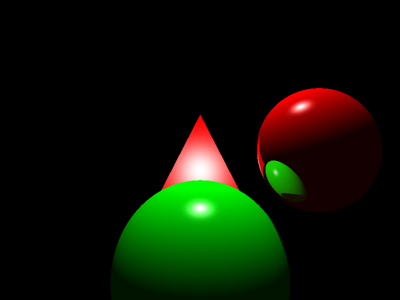 The output of the raytracer, showing two spheres, one of which is reflective. As well as one triangle.