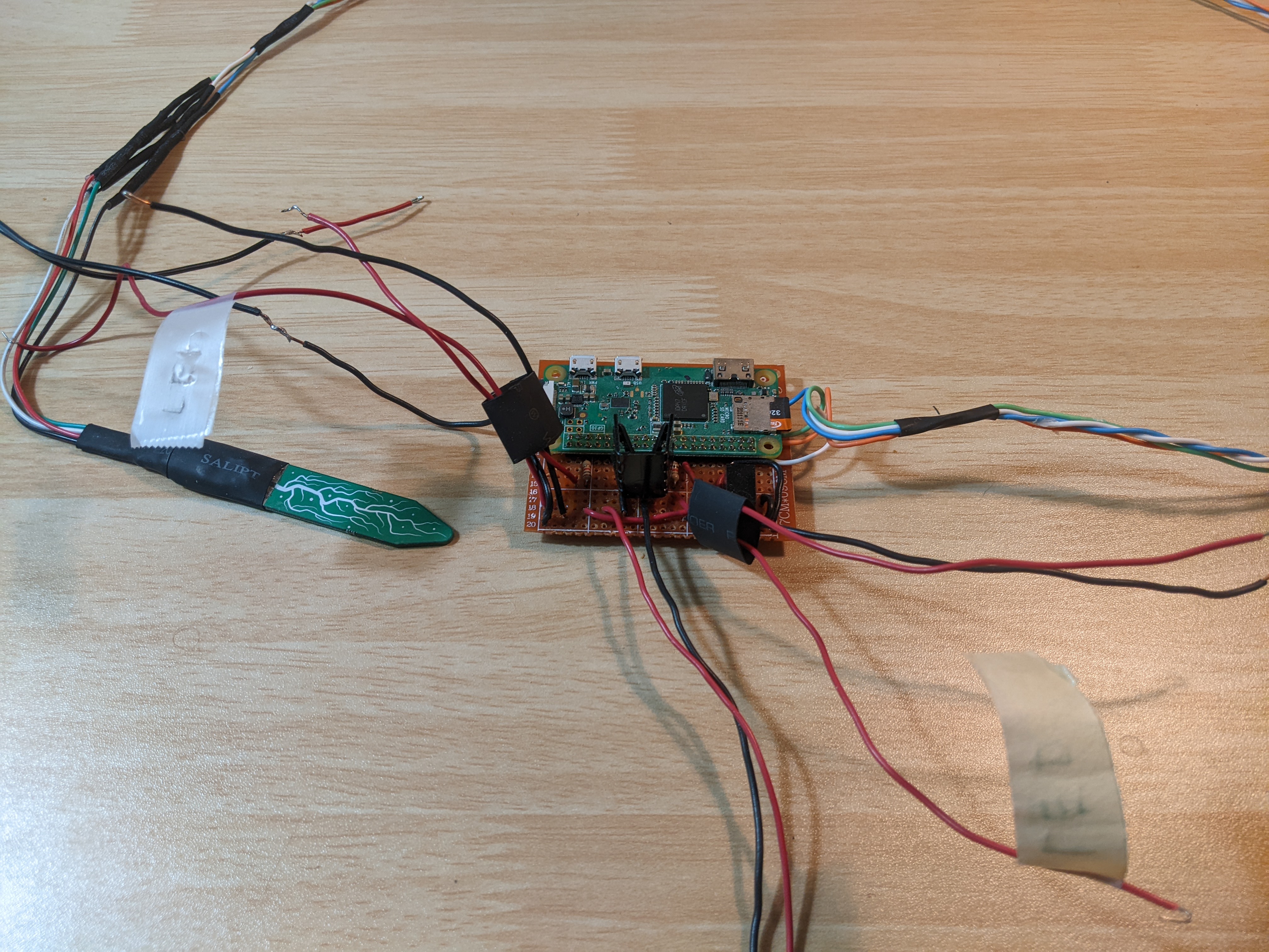 The control board for the sluice peripheral. It is a raspberry pi with many soldered wires protruding.