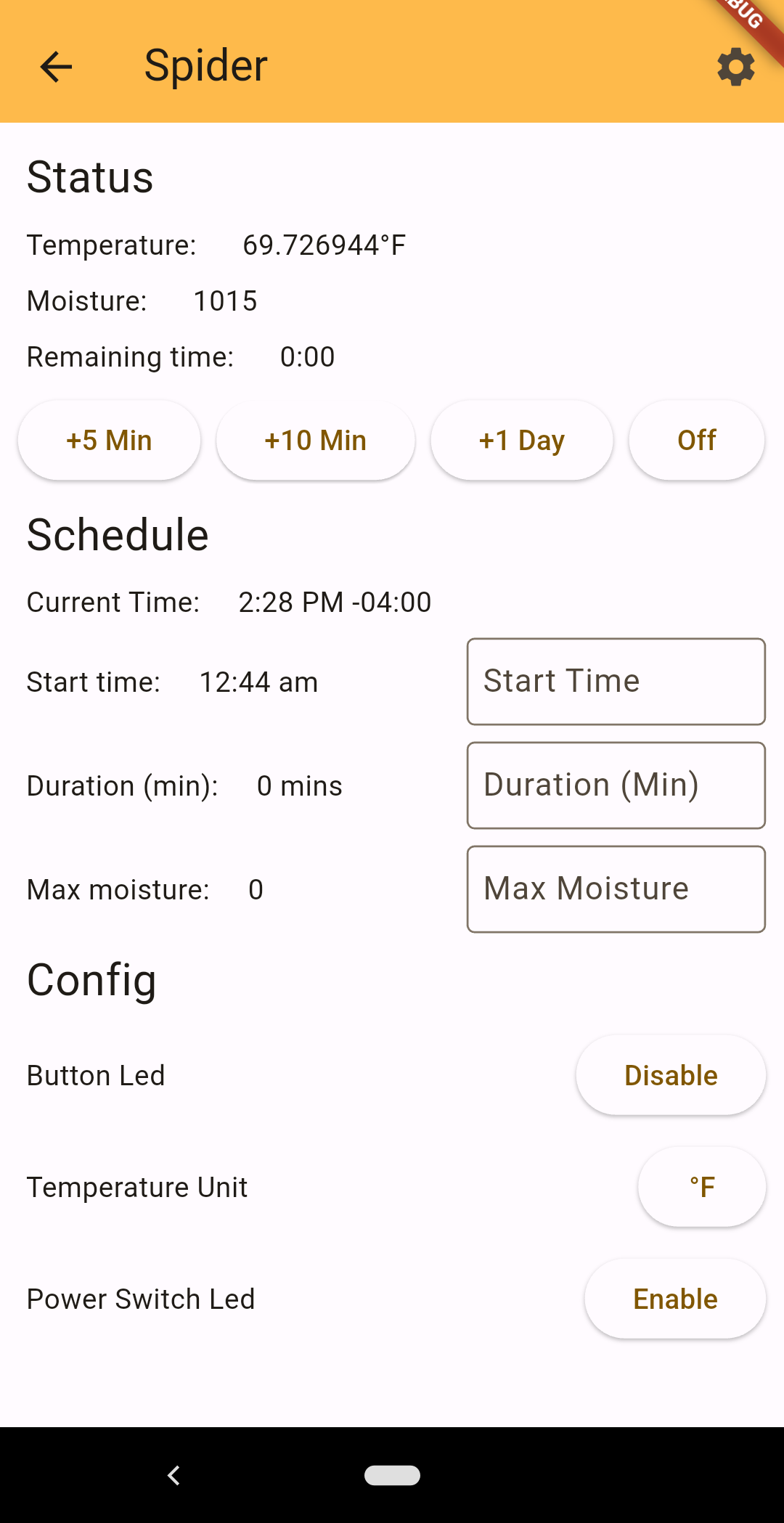 The Sluice peripheral's UI Page. It is showing the current temp, the remaining time, buttons to increase the time, some scheduling options, as well as configuration settings.