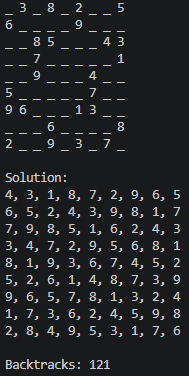 The output of the WFC solver with custom constraints, showing an initial and solved sudoku board.